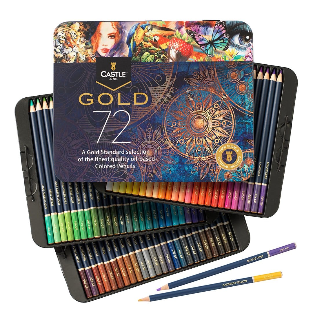 Conjunto de lápices de color dorado de 72 piezas en la lata de pantalla