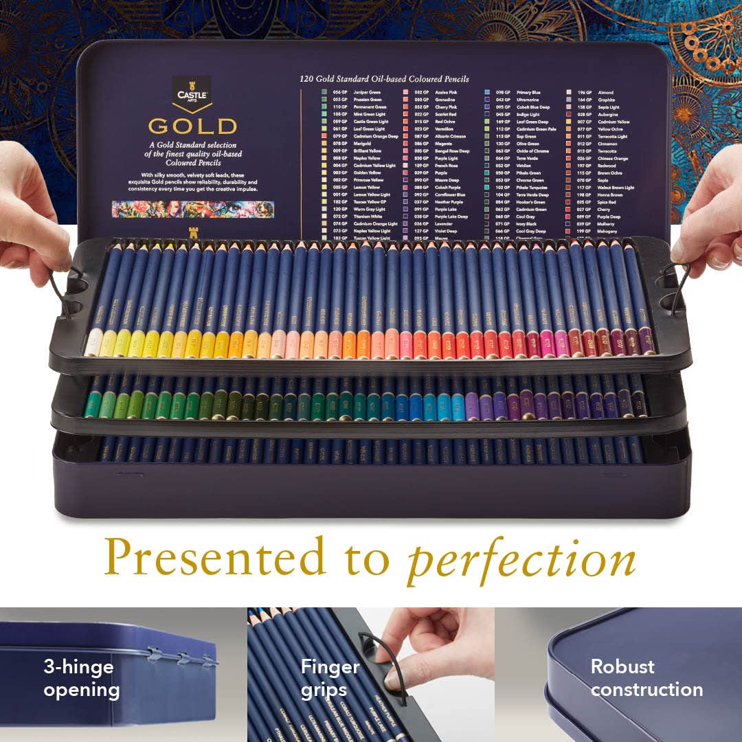 120 Piece Castle Gold Coloured Pencil Set in Display Tin