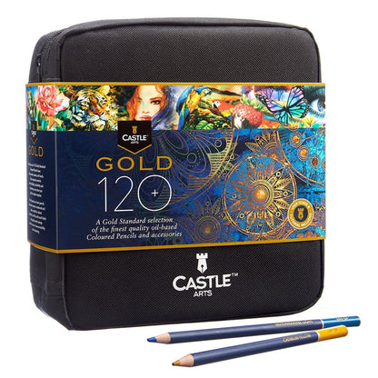 Set di matite colorate <tc>Castle Gold</tc> da 120 pezzi in astuccio con cerniera